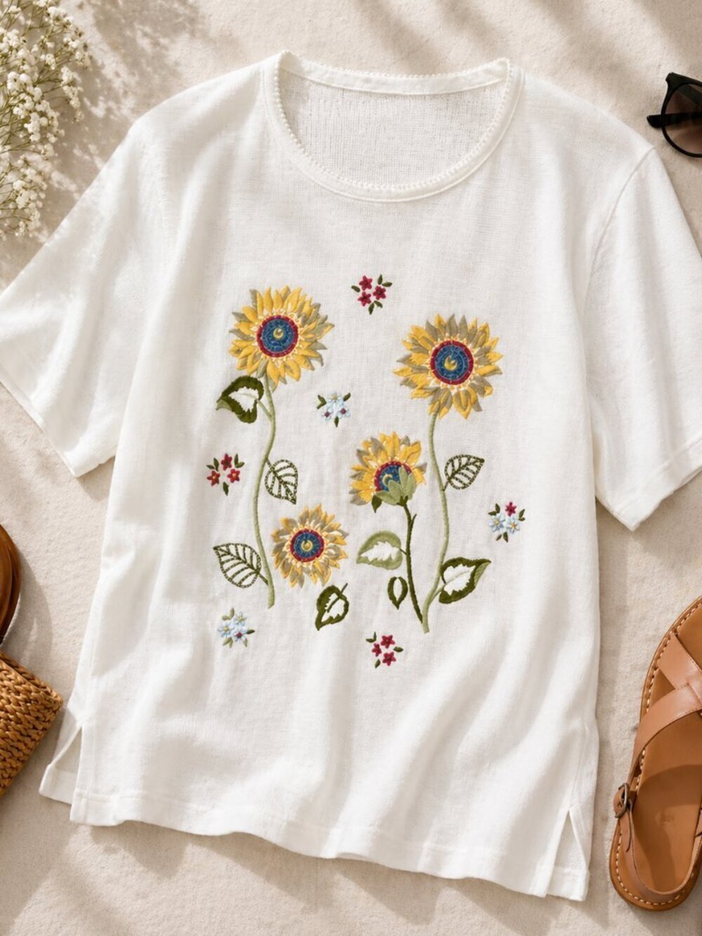Alfred Dunner Sunflower Embroidered Top – Size Small – Shoulder Pads
